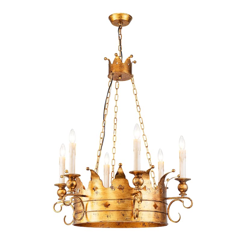 6-Light Luxury Retro Antique Gold Crown Metal Hanging Light Chandelier for Hallways,Living Room