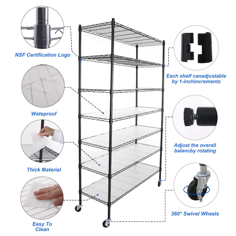 7 Tier Wire Shelving Unit Metal Garage Storage Shelves with Wheels