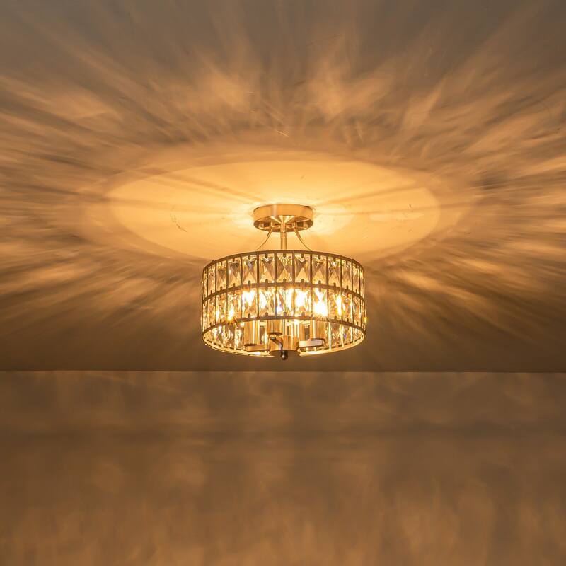 4-Light 13-inch Mid-Century Modern Crystal Drum Ceiling Light Lantern Crystal Semi-Flush Mount Light