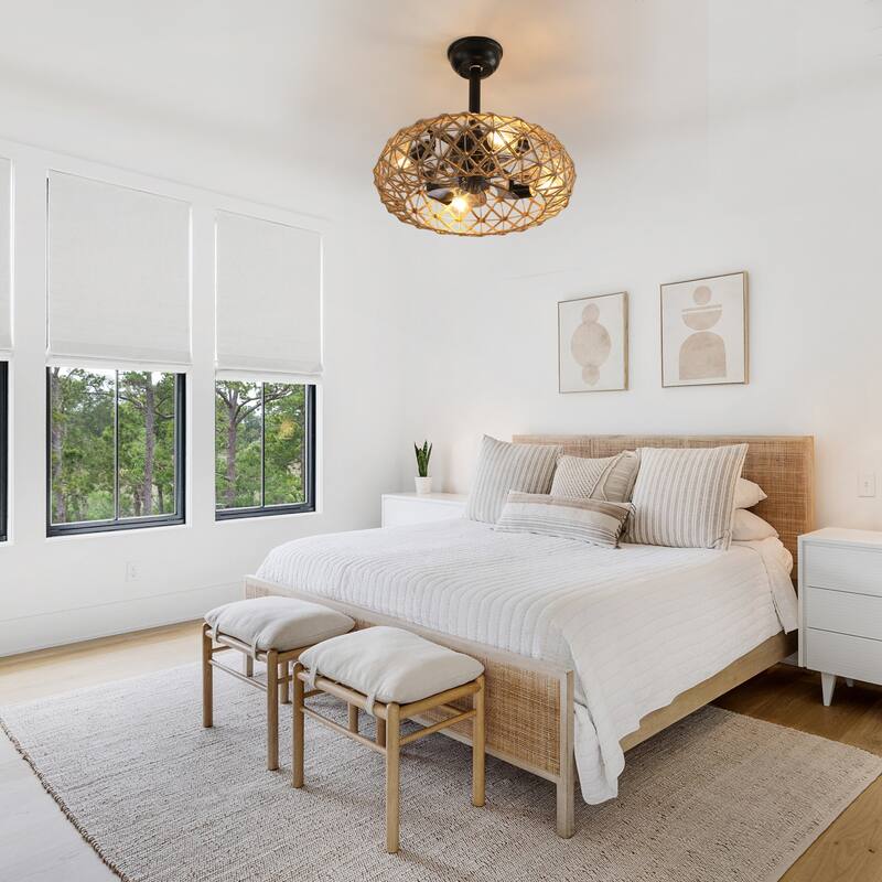 19" Hemp Rope Woven Ceiling Fan with 4 bulbs, Dimmable, 7 Blades, Reversible DC motor