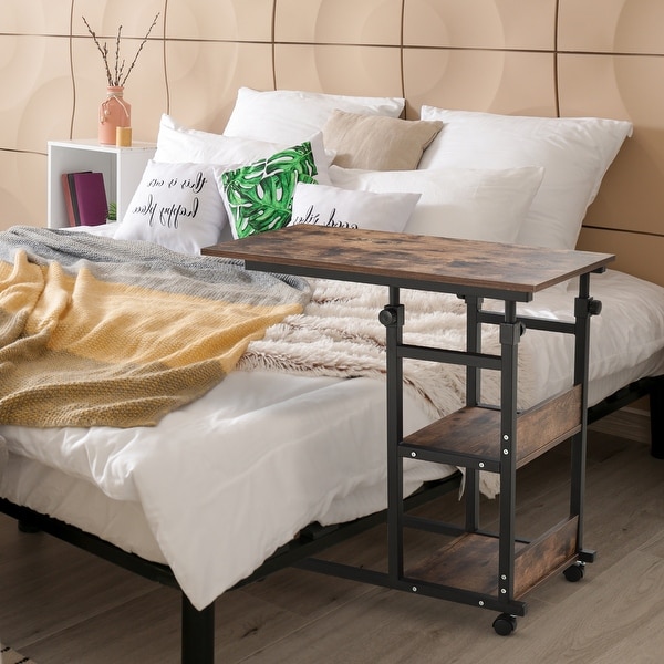 HOMCOM Industrial C Shaped Mobile Rolling Sofa Side Table with 3