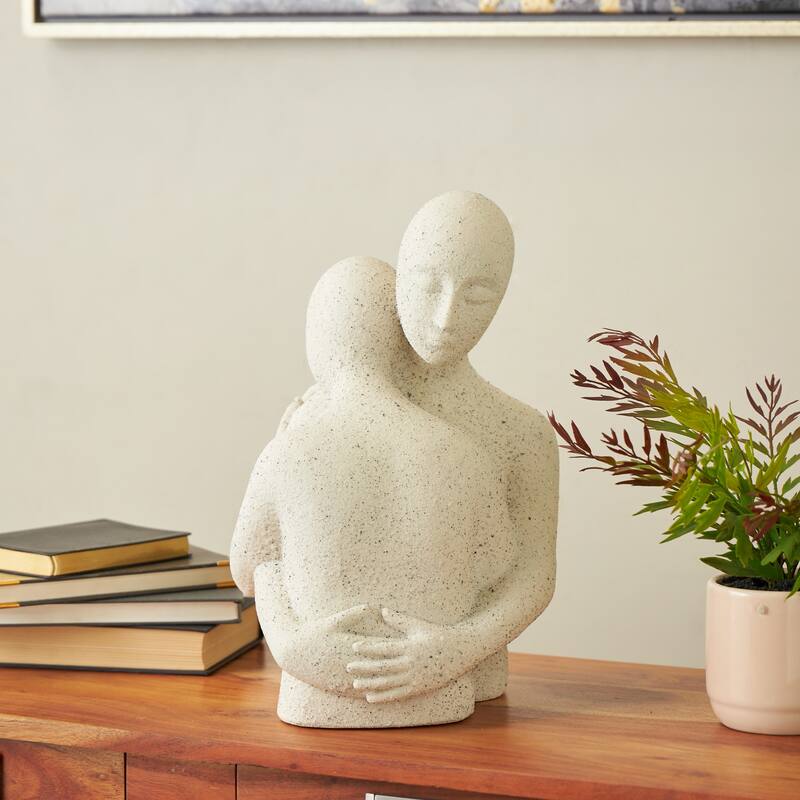 White Polystone Hugging People Decorative Sculpture with Black Speckles - White