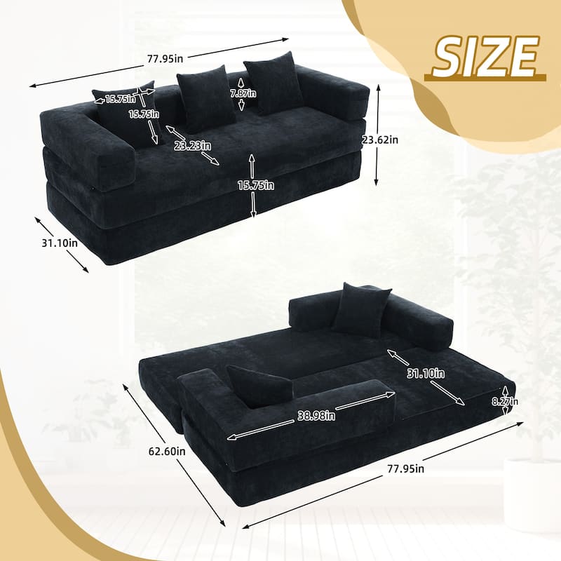 GALDWIN Chenille Upholstered Convertible Folding Sofa Bed with Pillows for Living Room