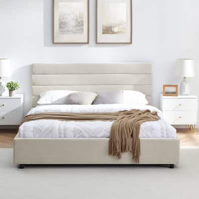 Queen Size Upholstered Storage Bed with Striped Headboard, Wooden Slats Support, Grounded Queen Platform Bed with 4 Drawers