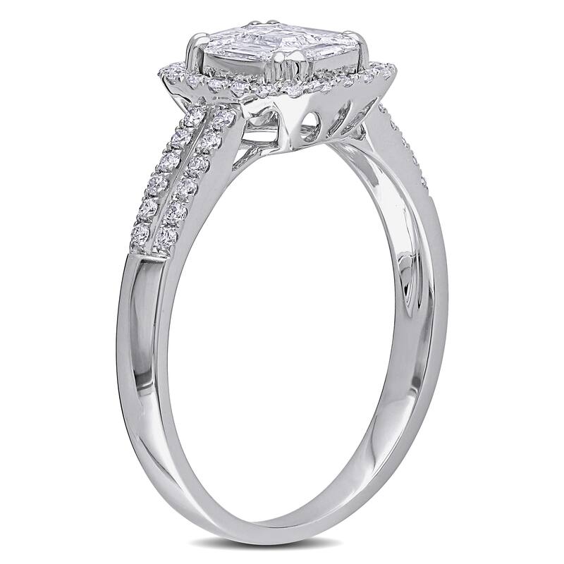 Miadora 3/4ct TDW Parallel Baguette Round Diamond Halo Split Shank Engagement Ring in 18k White Gold