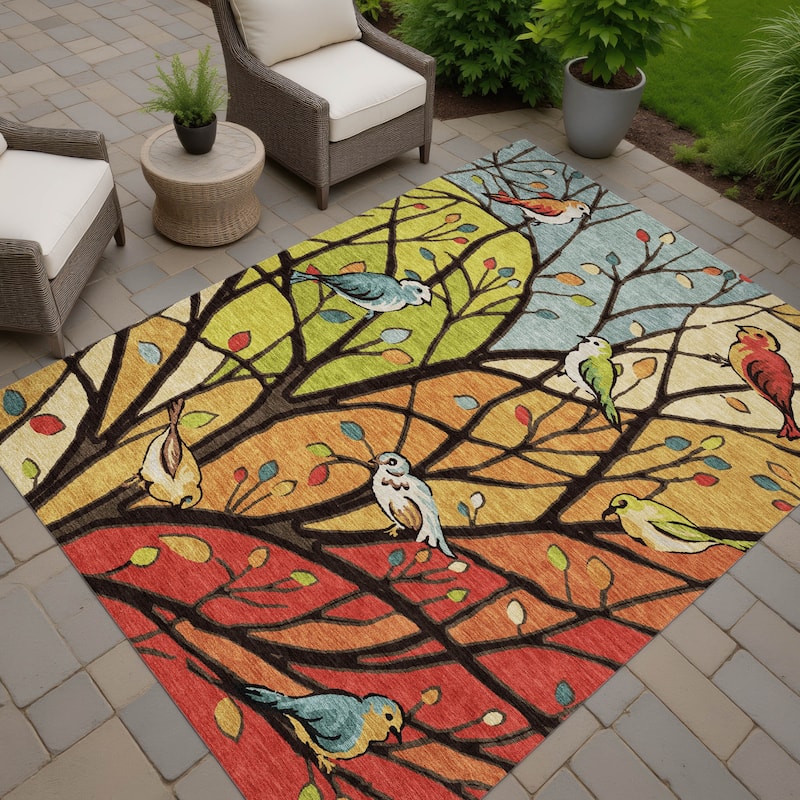 Machine Washable Indoor/ Outdoor Bird Mosaic Chantille Rug - Gold - 10' x 14'