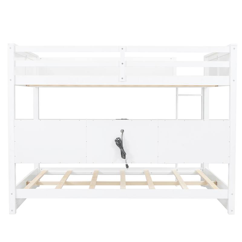 Wood Queen Bunk Bed with Storage Cabinets and USB Ports