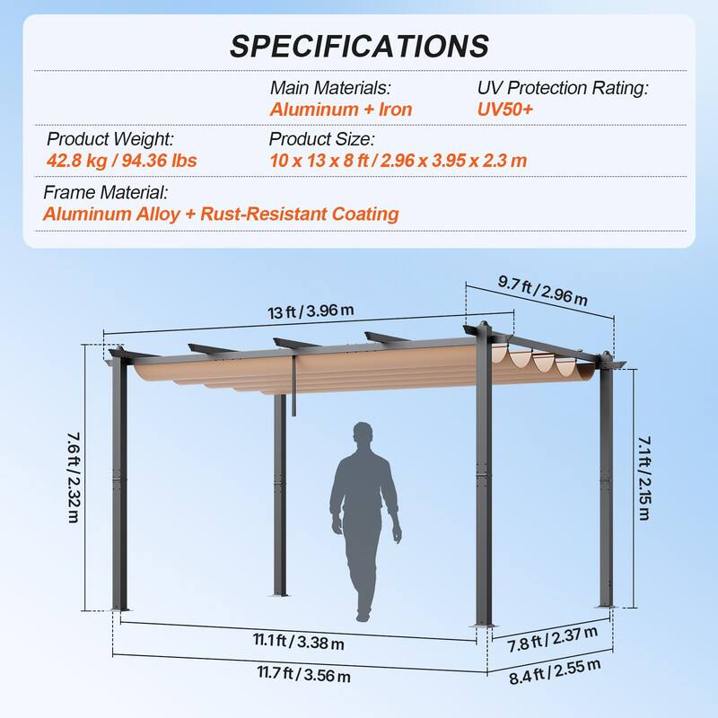 10 x 13 Feet Aluminum Outdoor Retractable Pergola with Sun Shade Adjustable Retractable Canopy