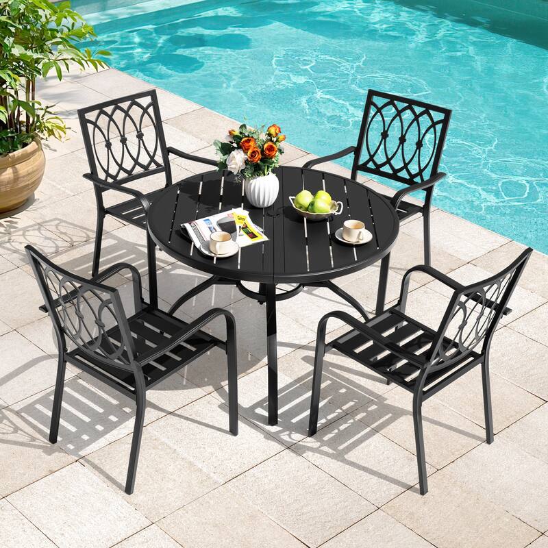 Patio 2-Piece Iron Dining Chairs with Ventilated Slatted Seat and Stackable Design