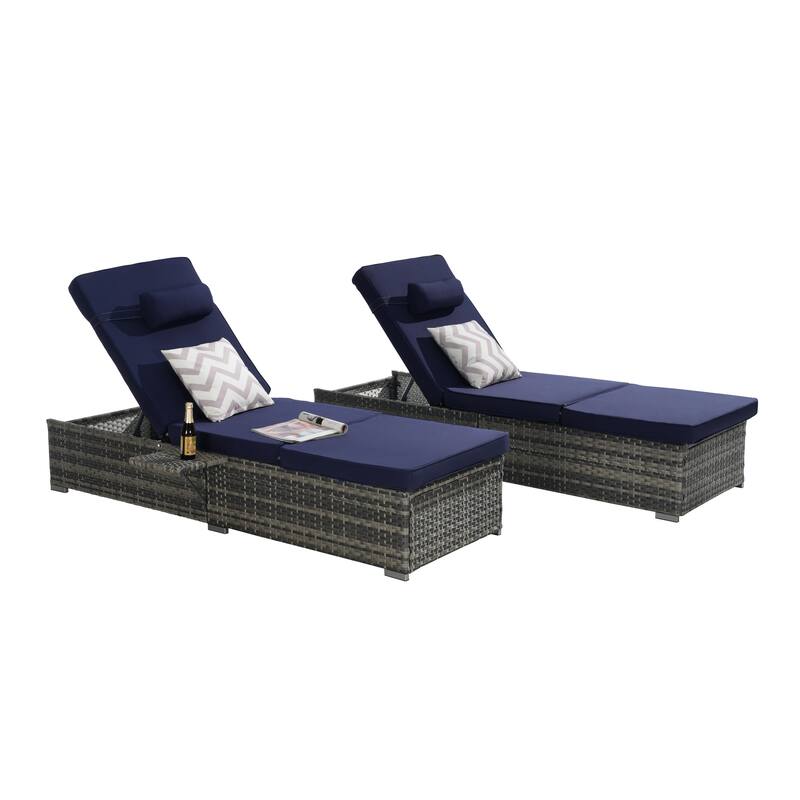 Outdoor Chaise Lounge Chair Set of 2 with Storage Patio Pool Chairs Tanning Lounges for Outside, Beach Rattan Recliners