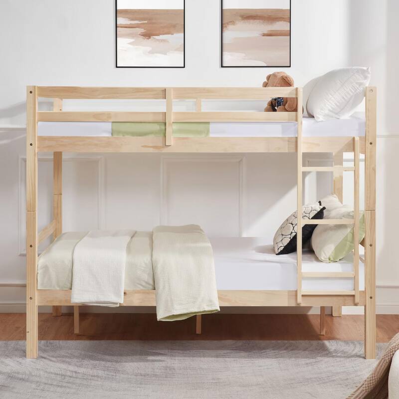 Full Over Full Bunk Bed, Thick Wood Posts, High Guardrail, Ladder