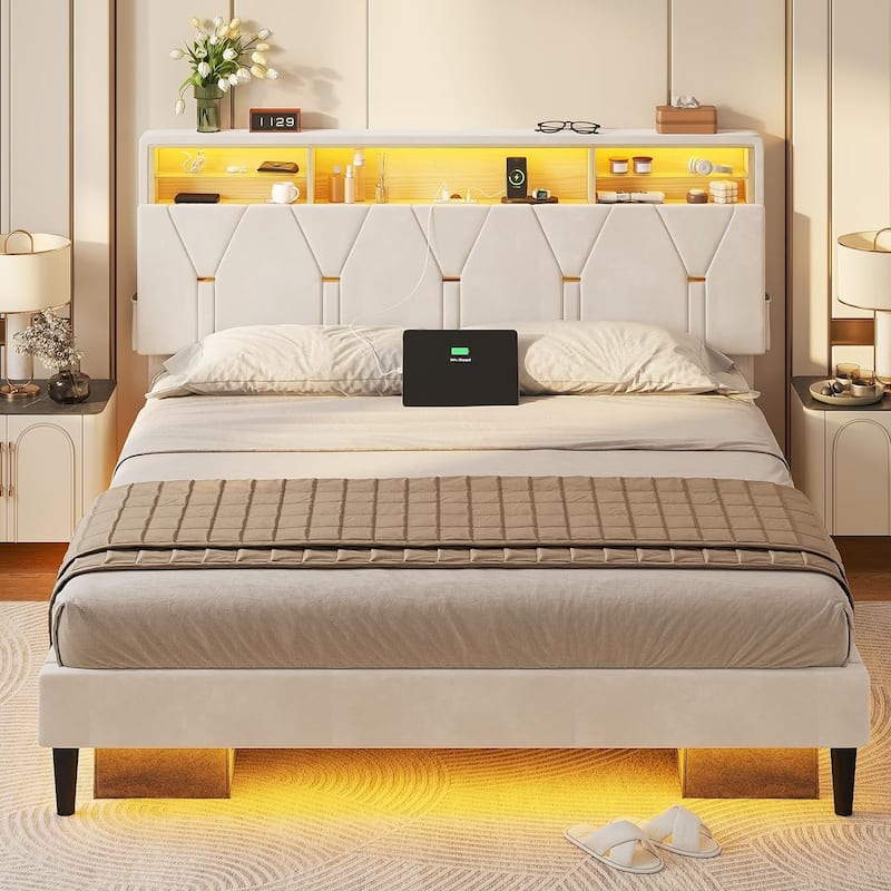 Bed Frame Storage Headboard RGB LED Lights Upholstered Platform