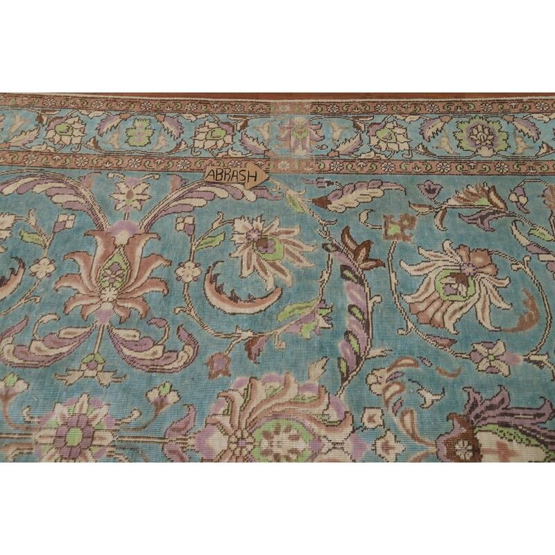 All-Over Blue Floral Tabriz Persian Area Rug Hand-Knotted Wool Carpet - 6'9"x 9'8"