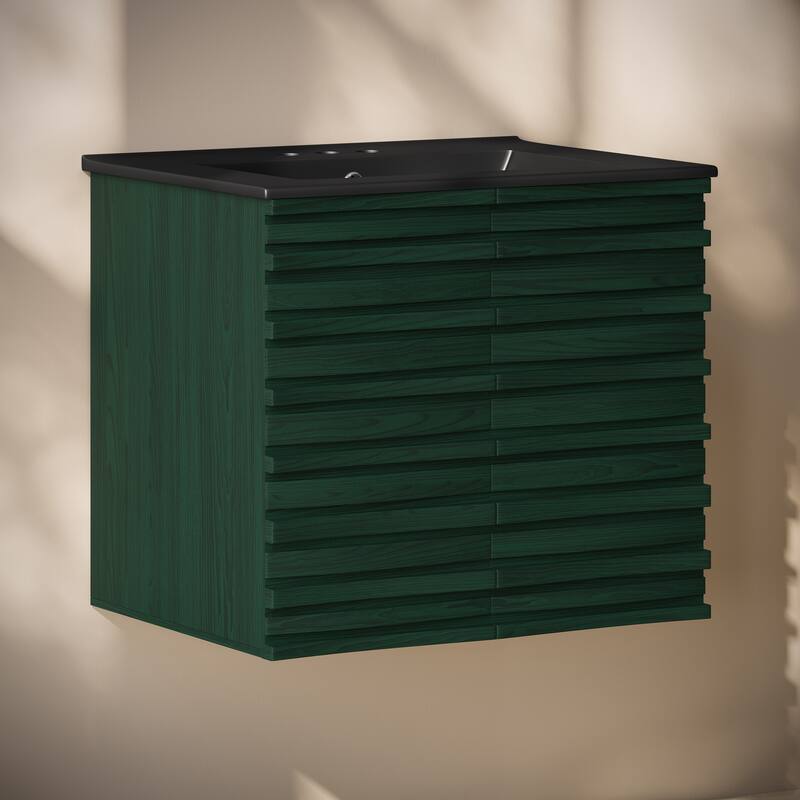 Cascade 24" Wall-Mounted Bathroom Vanity In Green Oak With Black 3-Hole Centerset Sink Top - 24