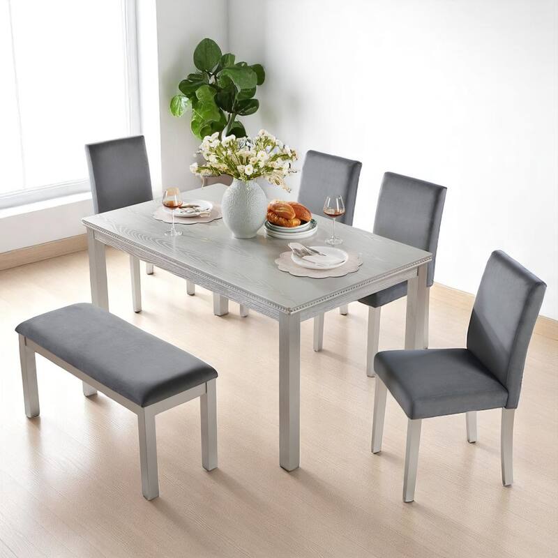 Elegant 6-Piece Dining Table Set with Acrylic Crystal Detailing, Wooden Table with 4 Chairs and Bench - Silver Grey