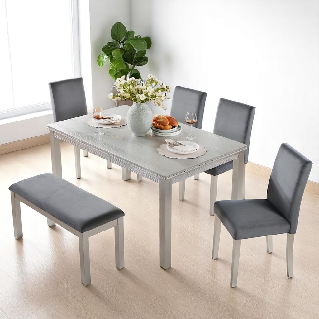 Elegant 6-Piece Dining Table Set with Acrylic Crystal Detailing, Wooden Table with 4 Chairs and Bench