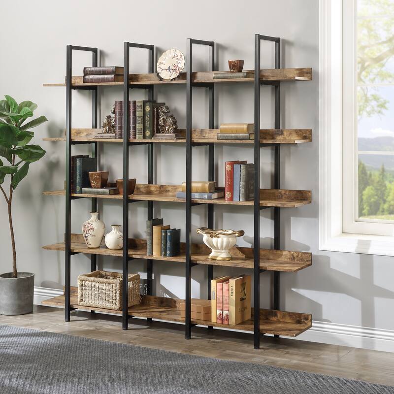 5 Tier Bookcase Home Office Open Bookshelf, Vintage Industrial Style Shelf, MDF Board, Black Metal Frame