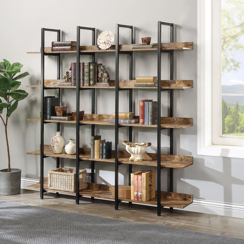 5 Tier Bookcase Home Office Open Bookshelf, Vintage Industrial Style Shelf with Metal Frame, MDF Board
