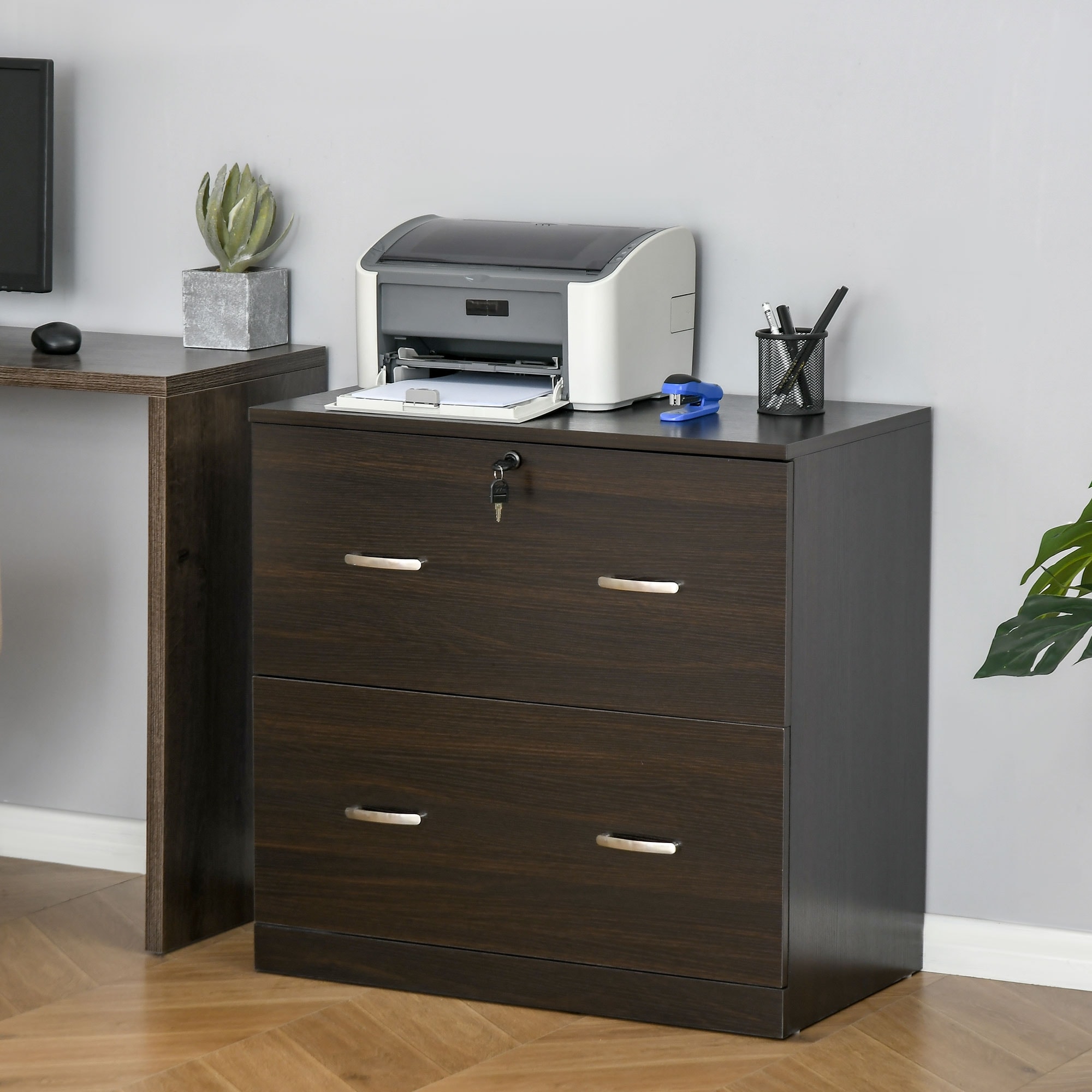 Vinsetto 2-Drawer File Cabinet with Lock, Vertical Storage Filing Cabinet with Hanging Bar for A4 Size, Home Office, Walunt