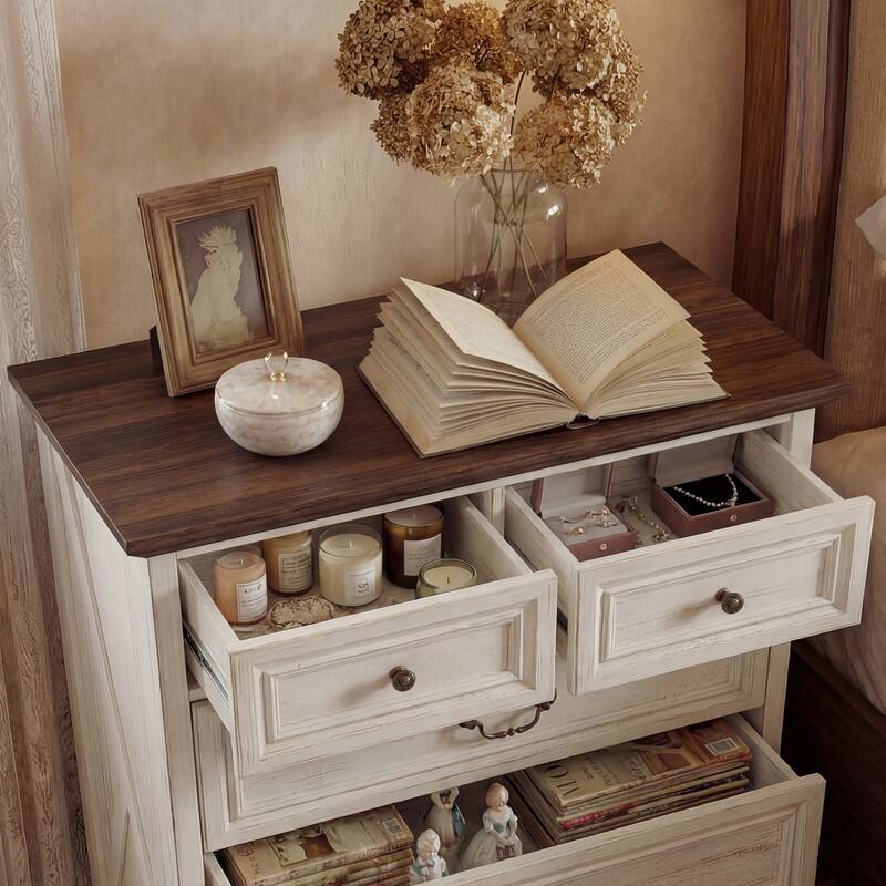 Farmhouse 5-Drawer Chest with Anti-Tip Device, Rustic Wooden Dresser for Bedroom, 36.3" Tall Storage Cabinet