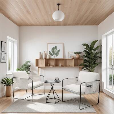 Metal Frame Upholstered Armchair with Arm Pocket (Set of 2)