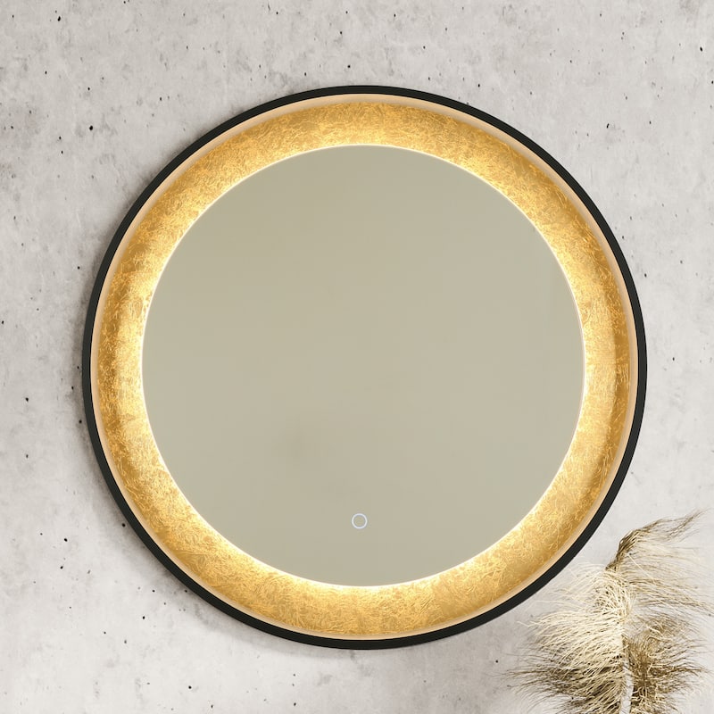 Evari 30 IN. Mid Century Modern Round Gold Leaf LED Bathroom Vanity Mirror Dimmable Makeup Light - Dia.30" x H1.5"