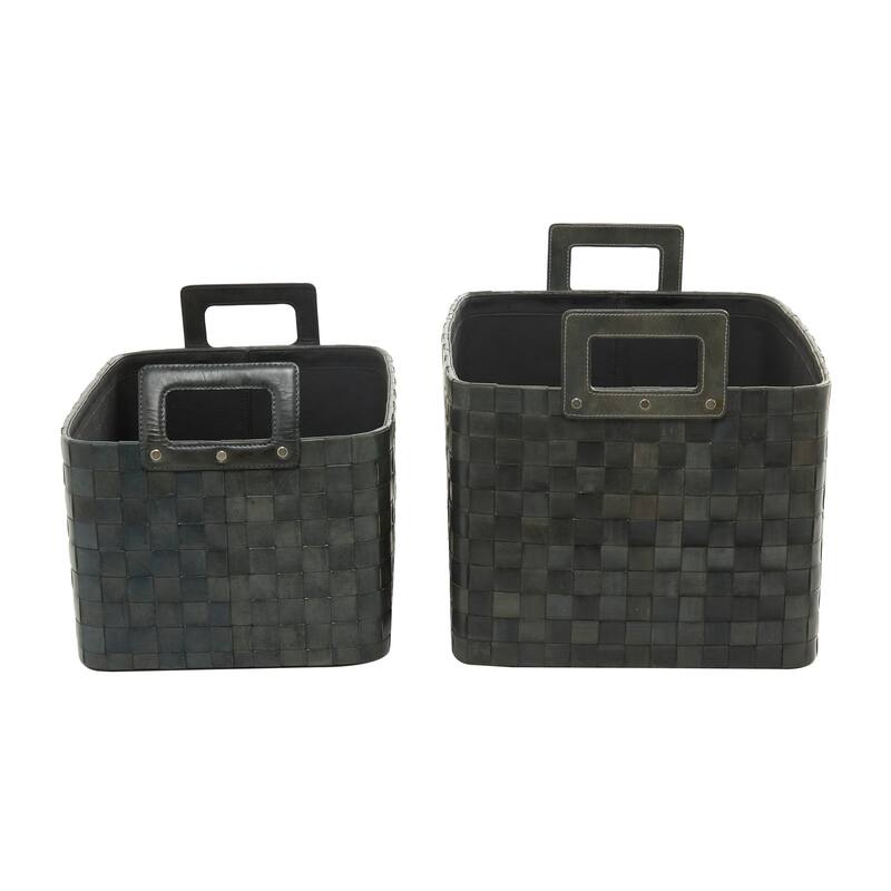 Sleek Leather Modern Storage Basket with Handles (Set of 2) - Dark Blue or Brown