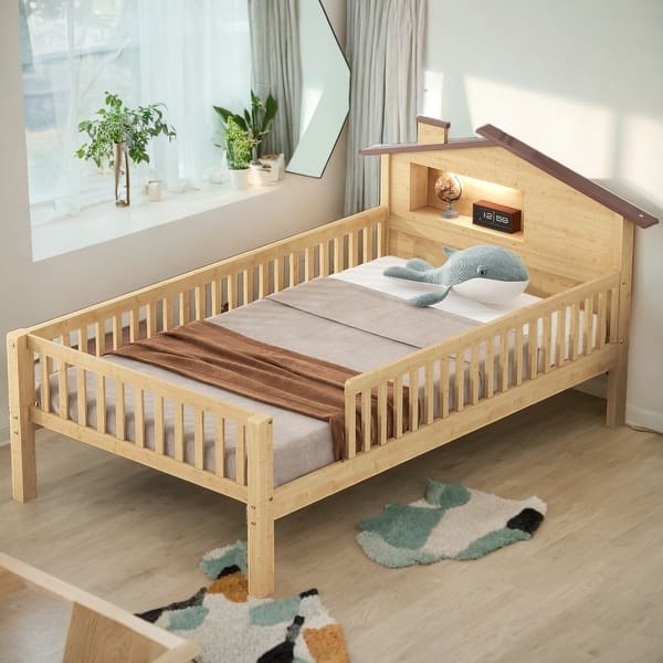 slide 2 of 12, Twin Wood Bed with LED & Storage, House-Shaped Headboard Natural