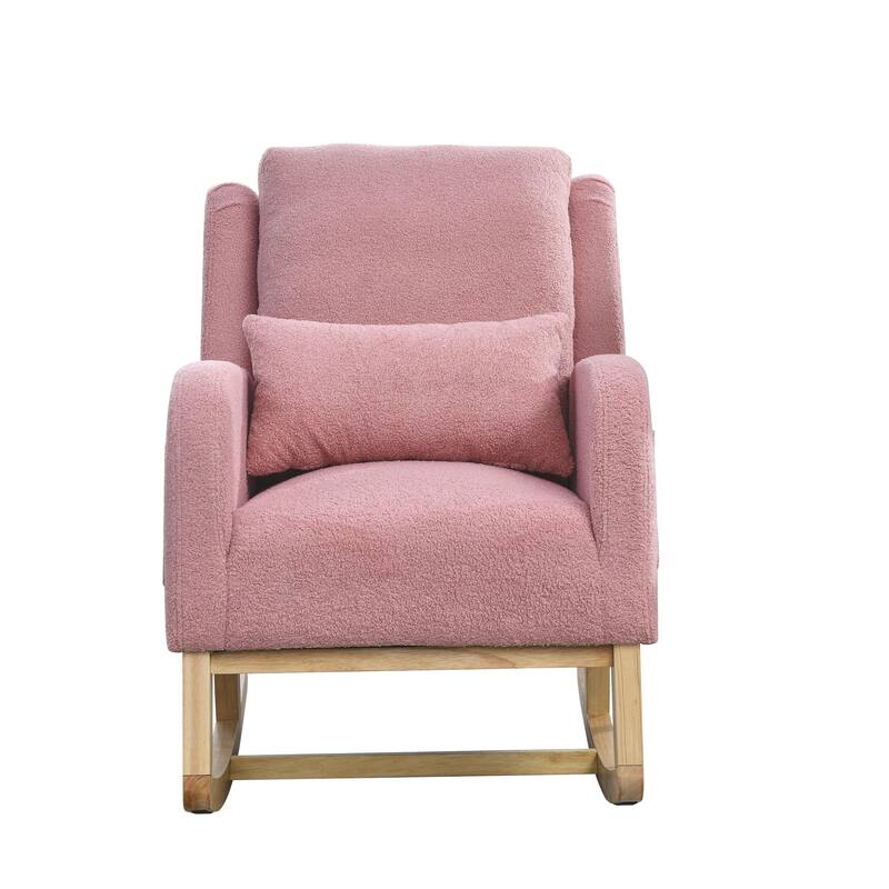 High Back Rocker Accent Chair with Wood Base, One Lumbar Pillow and Two Side Pockets