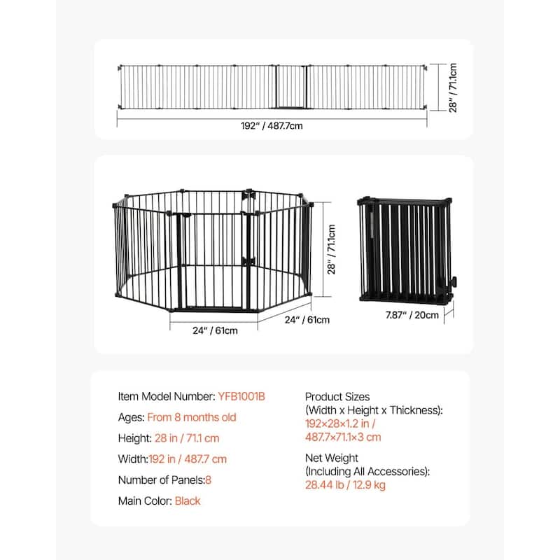 28-Inch-High Adjustable Black 8 Panels Steel 192 Wide Baby Gate Secure for Babies or Pets - 192"W x 28"H