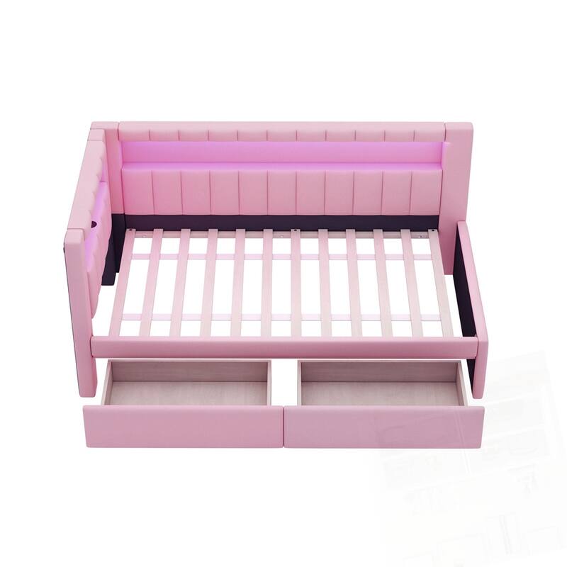 Upholstered Twin Size Platform Bed with USB Ports and 2 Drawers