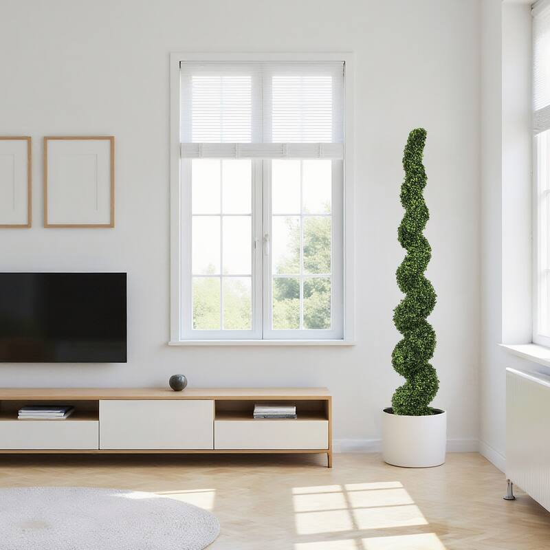 7FT Spiral Topiary Trees Artificial Faux Boxwood Plants Large Twisted Green Potted Trees with Light Green Leaves,1pc/set