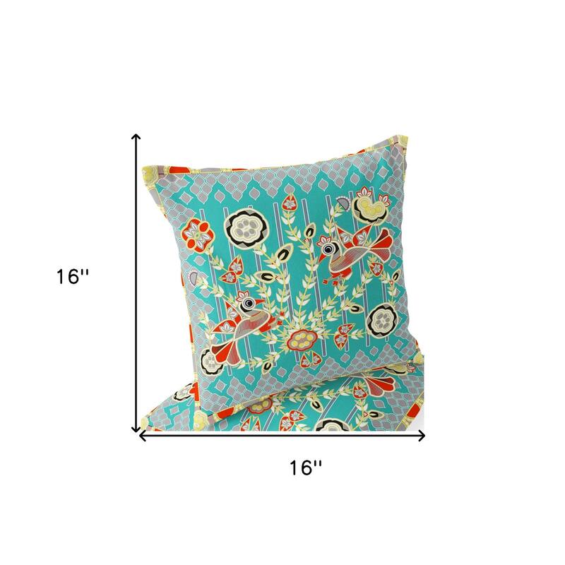 HomeRoots Set of Two 16" X 16" Blue and Yellow Peacock Blown Seam Floral Indoor Outdoor Throw Pillow - 16.00' X '16.00' X '5.00