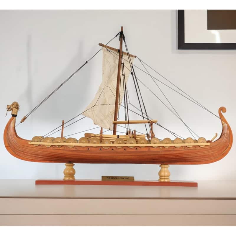 HomeRoots 13" Wood Brown Solid Wood Hand Painted Model Boat Tabletop Sculpture - 15' X '12.5' X '9 - 15' X '12.5' X '9