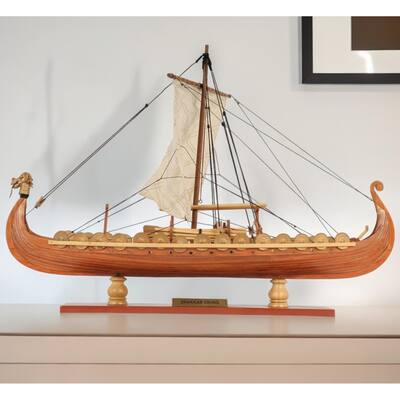 HomeRoots 13" Wood Brown Solid Wood Hand Painted Model Boat Tabletop Sculpture - 15' X '12.5' X '9