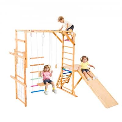Colorful 8 in 1 Indoor Playground Jungle Gym for Kids with Extended Slide Swing Climbing Net Monkey Bars and 220 lbs Capacity