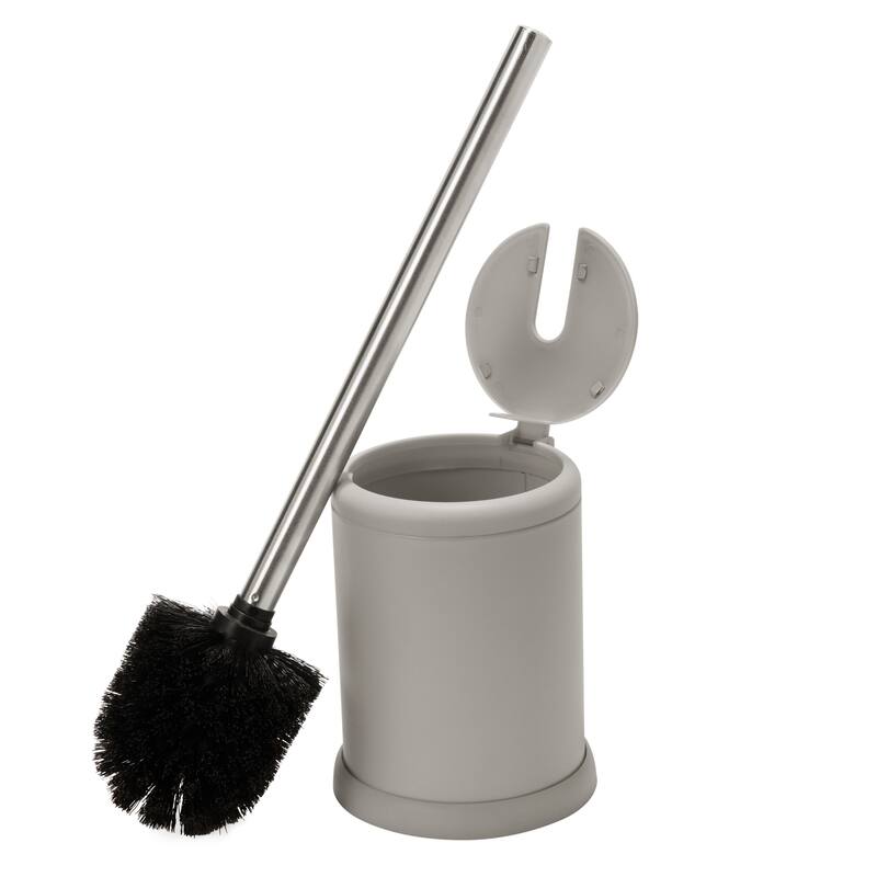 Bath Bliss Self Closing Lid Toilet Brush and Holder in Stainless Steel - 4.5" Rd  x 14.75" - Grey
