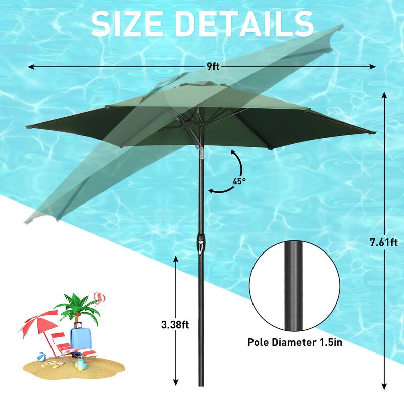 9ft Outdoor Patio Umbrella 6 Ribs with Tilt & Crank.