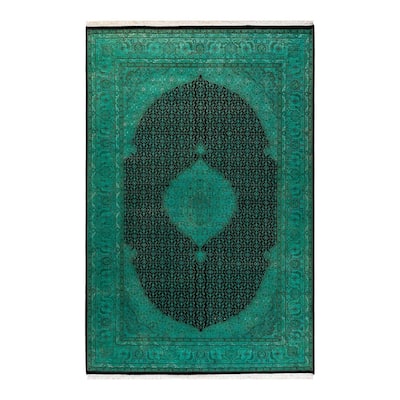 Overton Hand Knotted Wool Vintage Inspired Modern Contemporary Overdyed Green Area Rug - 6' 2" x 9' 4"