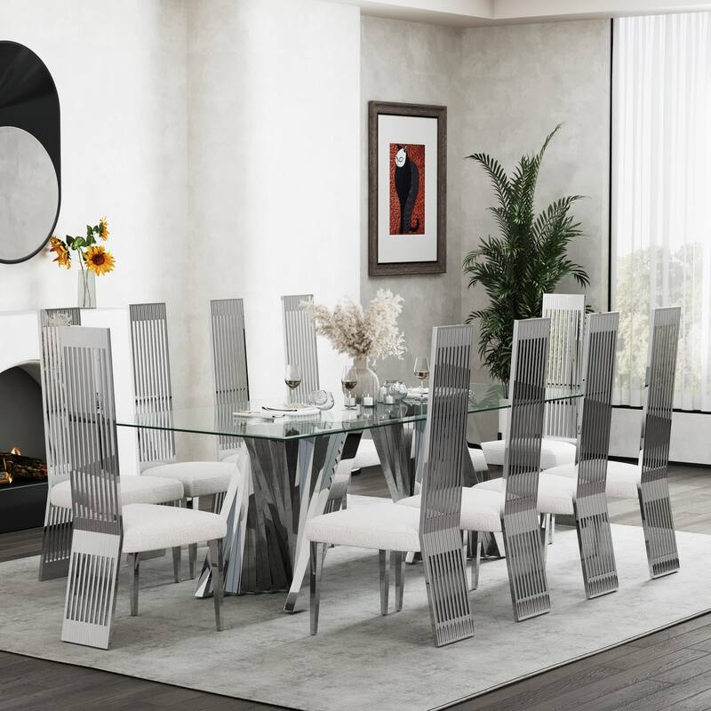 Luxury 78 inch Glass Dining Table with Mirrored Stainless Steel Base
