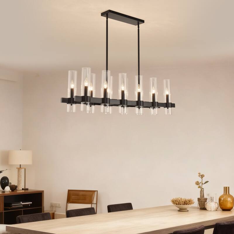 Black Chandelier Linear with Clear Glass Shade, 12-Lights Farmhouse Ceiling Hanging Fixture Over Table,NO INCLUDED BULBS