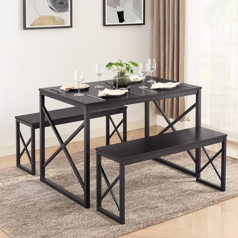 Javlergo 3-Piece Dining Table Set, 43"/55" Modern Wood Table Top Dining Table Set with Bench - 43.3" - Black