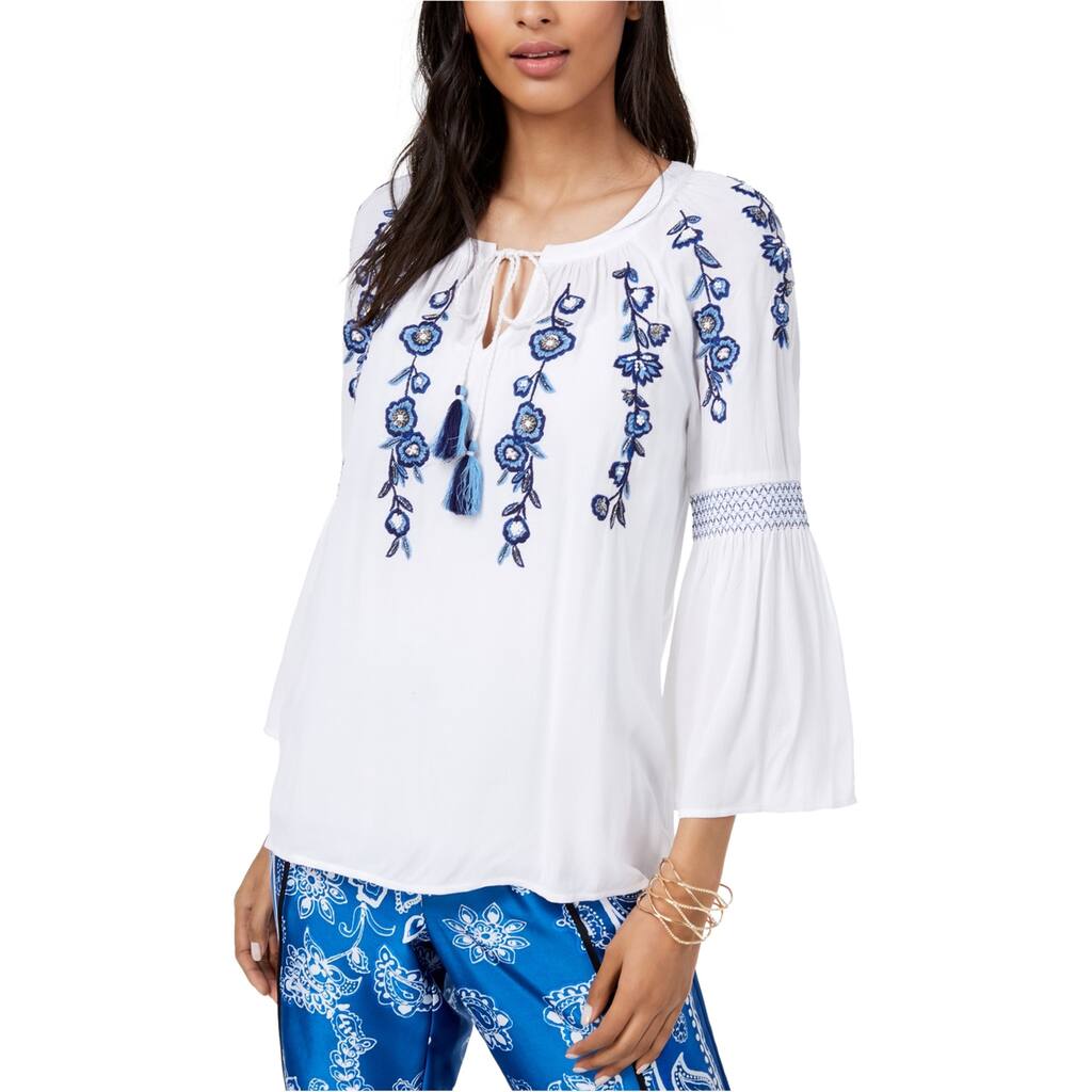 I.N.C Womens Embroidered Peasant Blouse,, White, Medium