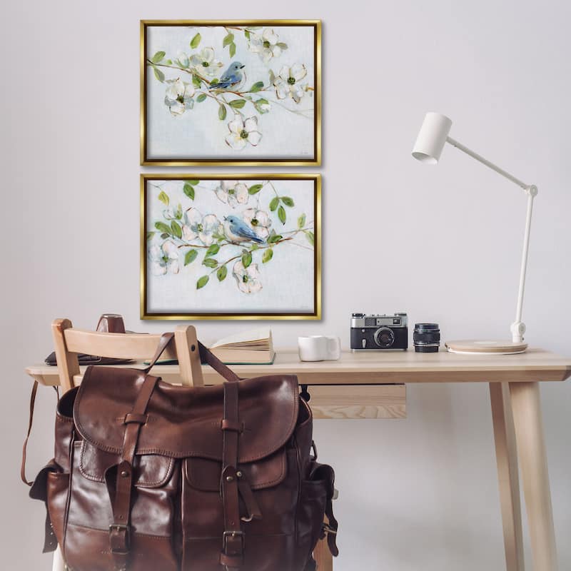 Stupell Perched Bluebirds on Branch Framed Floater Canvas Wall Art Design By Sally Swatland (Set of 2)