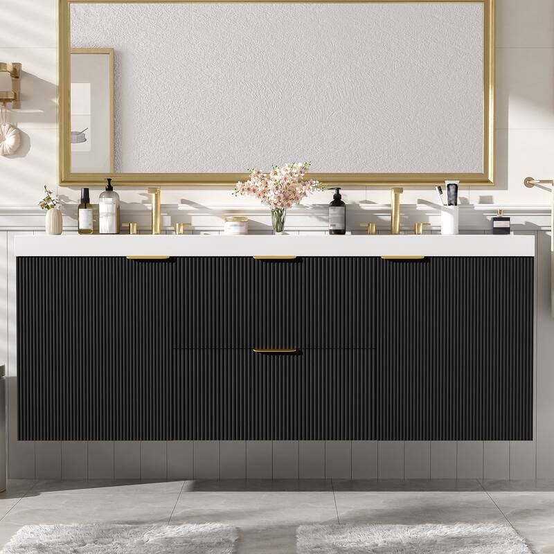 59.3" Double Sink Vanity with SMC Top & Soft-Close Doors, Wall-Mounted Modern Bathroom Storage