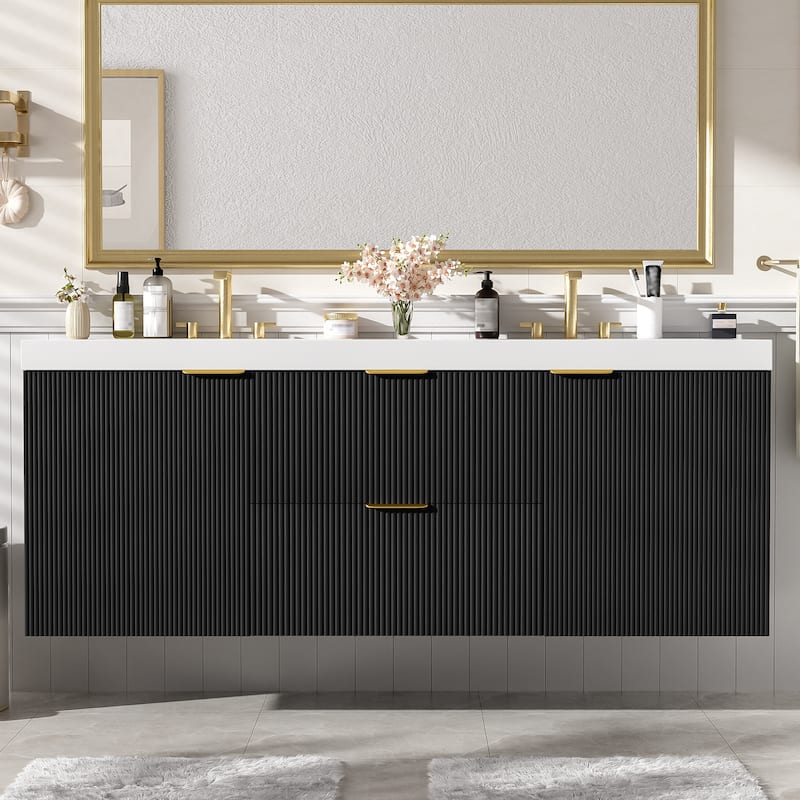 GDFStudio - Mercer Transitional Wall Mounted Bathroom Vanity Cabinet with Double SMC Sink, Soft Close Doors & Drawers - Black - 59.3"