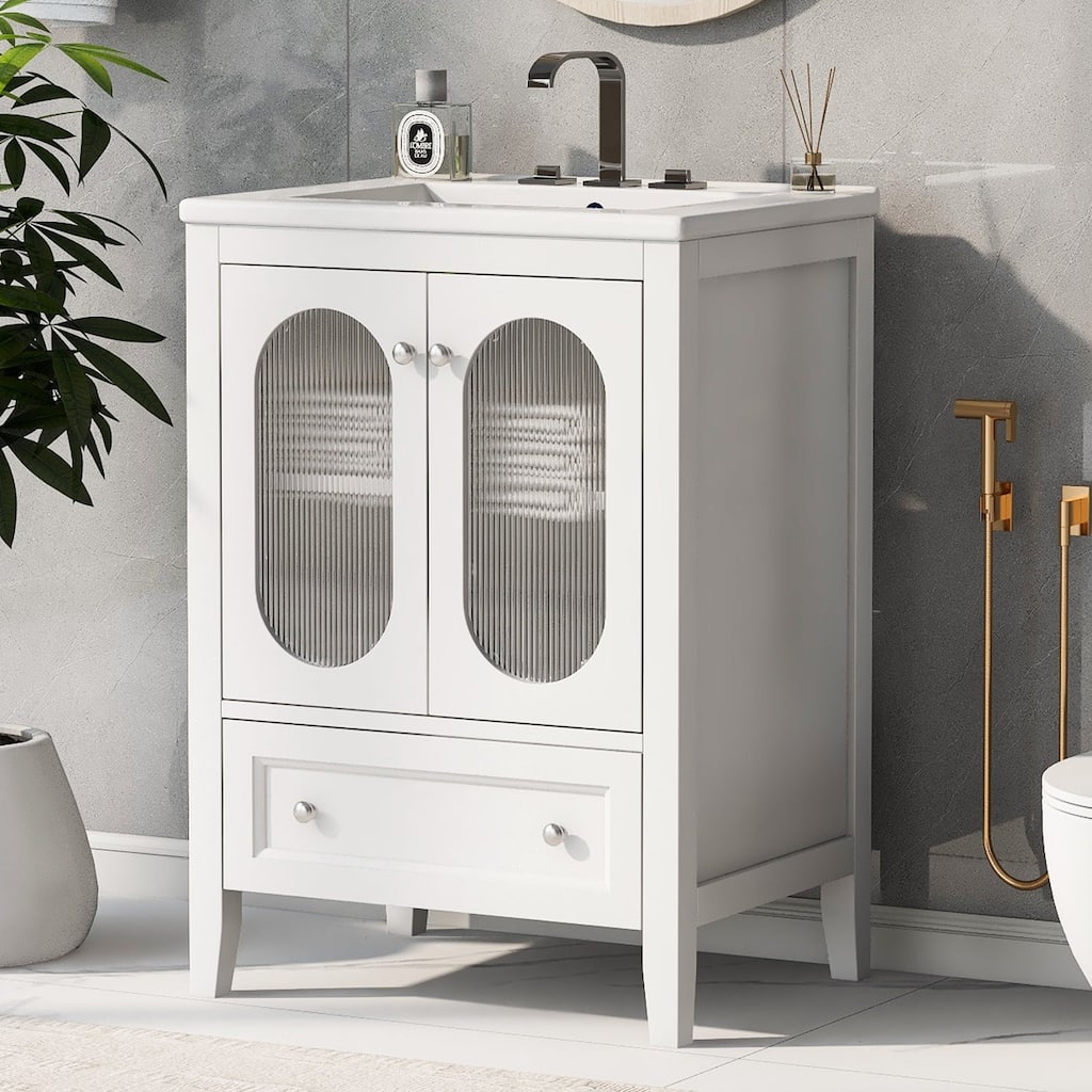 24 inch Solid Wood and MDF Freestanding Bathroom Vanity Set in White with Integrated Ceramic Sink