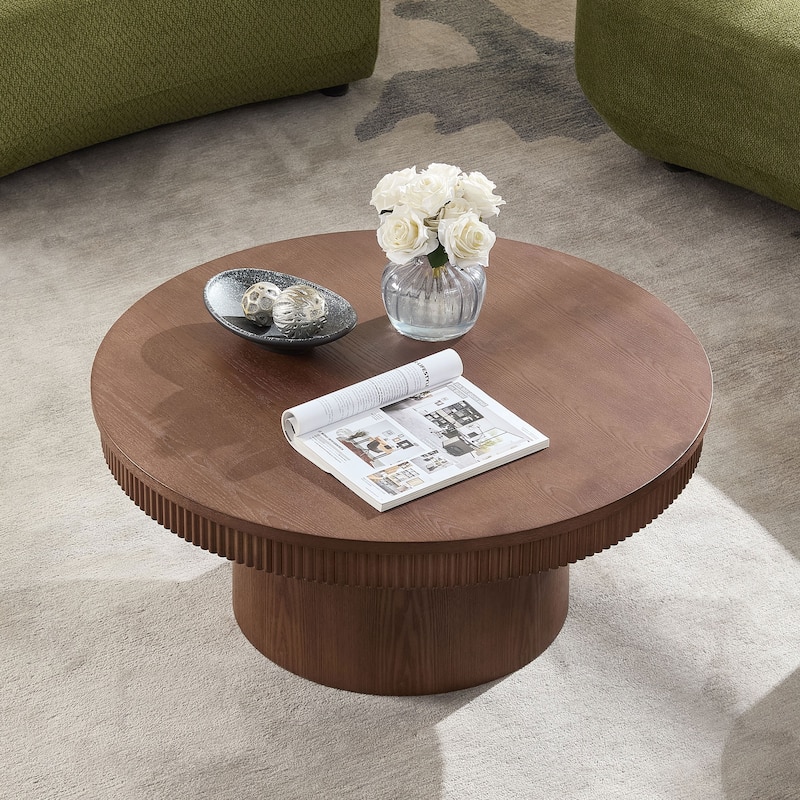 35.43" Walnut Round Coffee Table with Solid Wood Ribbed Wave Trim