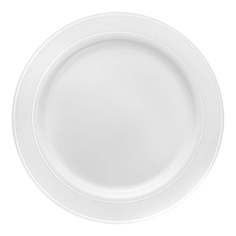 Shiny Round Edge Rim Disposable Plastic Plate Packs - Party Supplies - 120pcs - Dinner Plates - White with Silver Rim