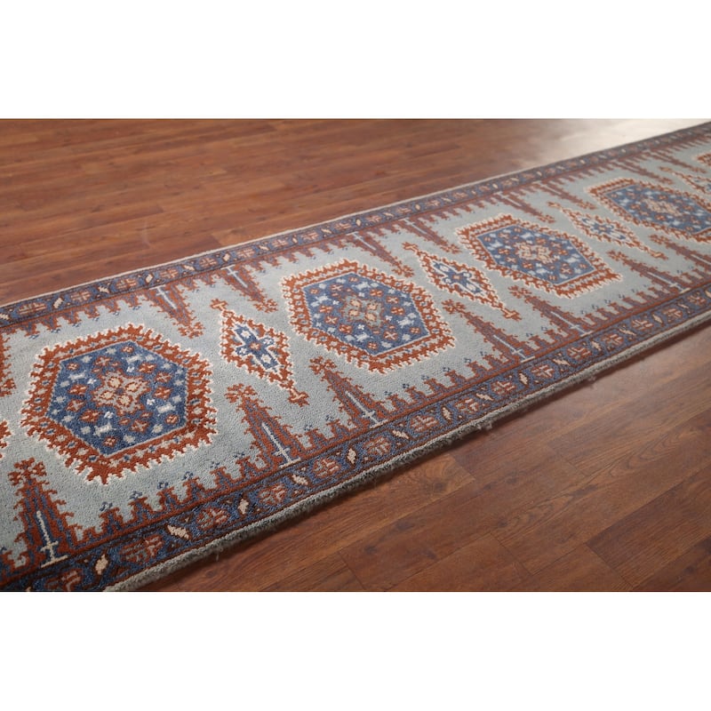 Geometric Viss Indian Runner Rug Hand-Knotted Wool Carpet - 2'6"x 9'7"